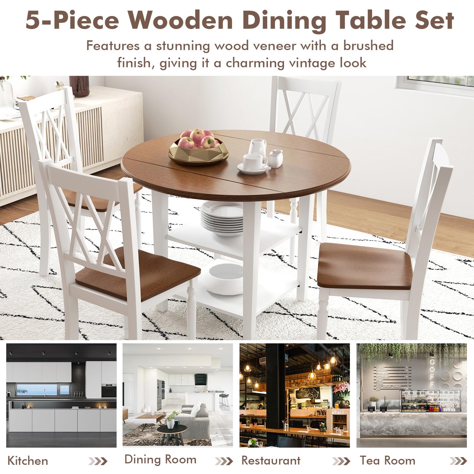 X-TAGE WALNUT 【ROUND L】 Giantex 4-Person Round Dining Table Set with Drop Leaf & Storage
